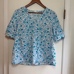 Draper James Blue Floral V Neck Short Sleeve Blouse Women's Size Medium
